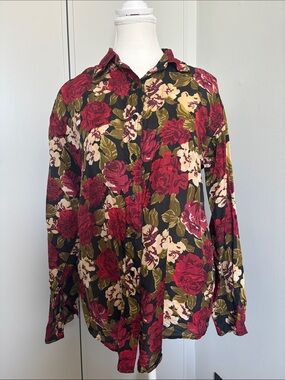 Silk Floral Button-Up Blouse in Burgundy, Olive & Cream